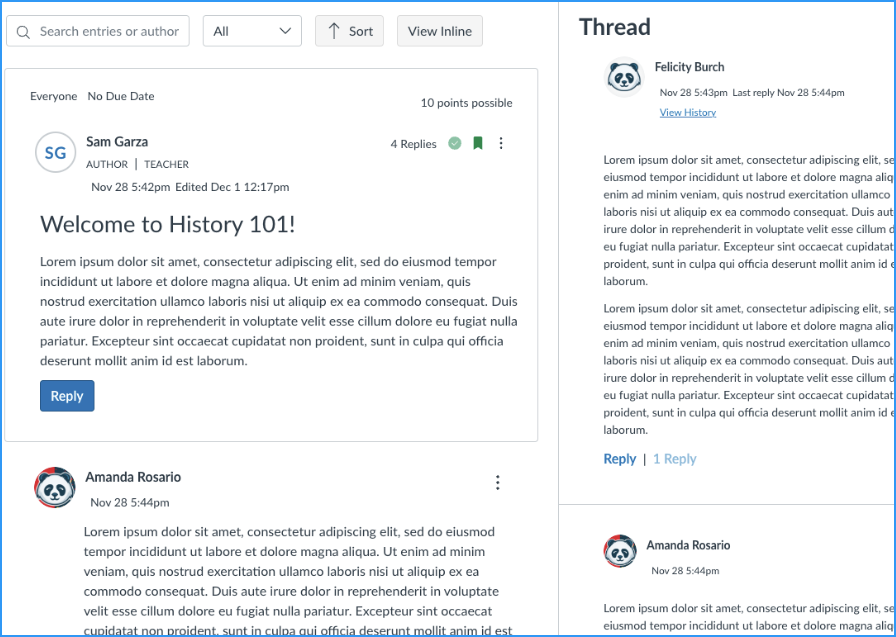 Instructure released a new design to Discussions on July 20, 2024. This screenshot shows an example of what the new interface looks like for both students and instructors.