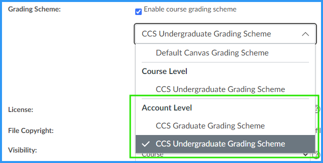 In your course settings, ensure that either the "CCS Graduate Grading Scheme" or the "CCS Undergraduate Grading Scheme" is selected.