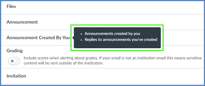 Hover over any row text to read a brief description.  In this image, the mouse is hovering over "Announcement Created By You", and two bullet points appear on the screen.