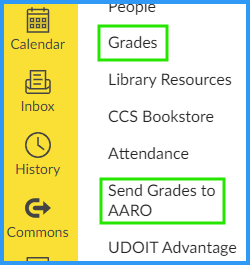 A Canvas course includes both the "Grades" and the "Send Grades to AARO" course navigation menu buttons.