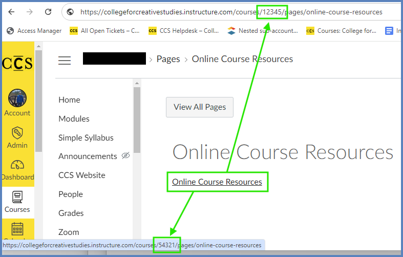 In this example, the instructor hovers over the "Online Course Resources" link. The URL at the bottom of the browser window appears as the instructor hovers over the link. But, the CourseID number displayed in the bottom URL does not match the CourseID number in the browser's address bar at the top of the screen. Students who are enrolled in CourseID 12345 cannot access the "Online Course Resources" page because they are not enrolled in CourseID 54321.