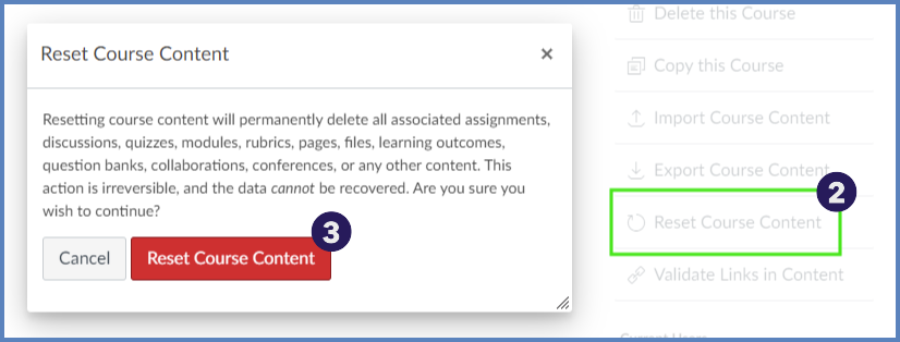 The "Reset Course Content" screen will clean out a Canvas course so that instructors can start with a new, fresh course to build content.