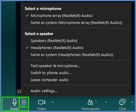 During a Zoom meeting, click the caret icon next to the "Audio" icon to see addition options.