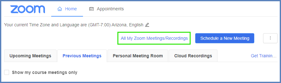 In a Canvas course, select the Zoom course navigation menu item on the left-hand side of your screen. Select the All My Zoom Meetings/Recordings link.