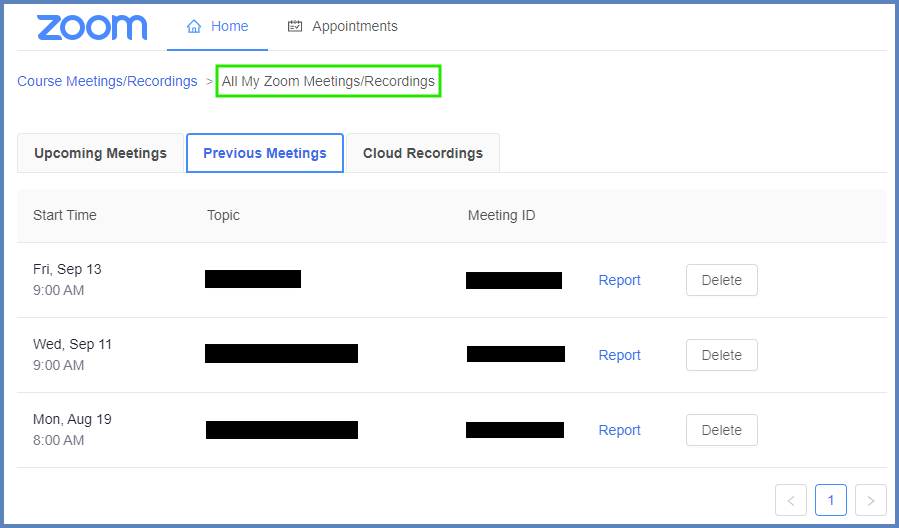 Select the Previous Meetings tab. You should now see your Zoom Meetings/Recordings for all courses...including any other Zoom meetings that were never scheduled via the Canvas integration.