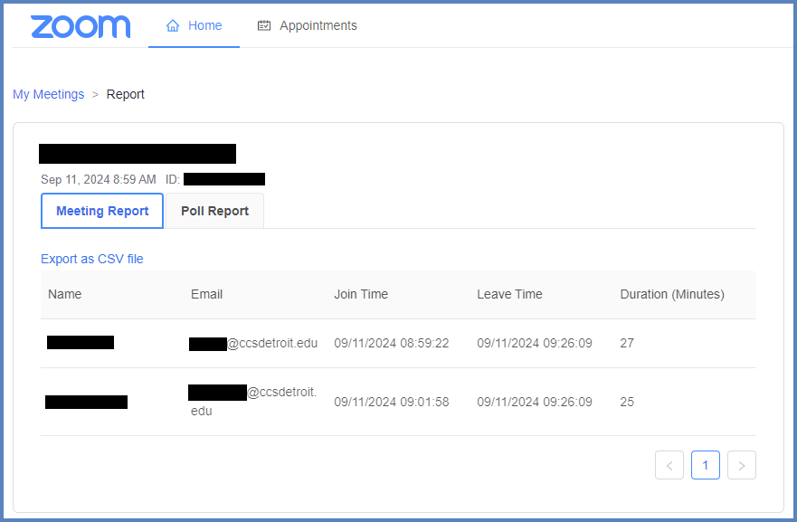 After selecting the "Report" link, instructors can view a listing of the participants from a given Zoom meeting. Each row contains a participant's activity in your Zoom meeting. The Duration (Minutes) column shows how many minutes the individual was logged in to your Zoom meeting. To export this data, click on the Export as CSV file link.