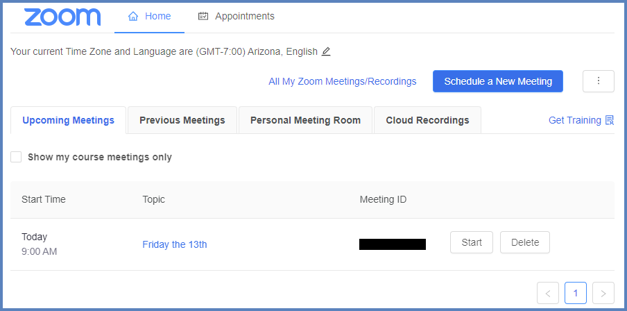 This image displays the Instructor View of the Zoom interface within a Canvas course.  Tabs include: Upcoming Meetings, Previous Meetings, Personal Meeting Room, and Cloud Recordings.