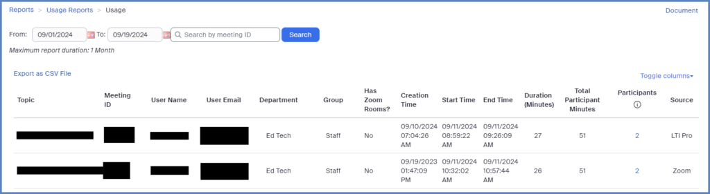 On the Usage page, a list of previous meetings will show that ended at least 15 minutes prior. Use the date selection tool or the Search by meeting ID text field to find specific meetings. To export this data, click on the Export as CSV File link.