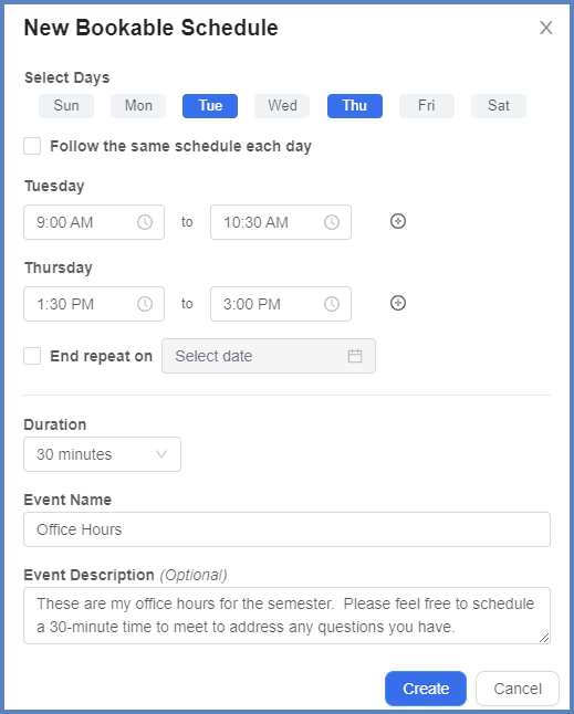 On the New Bookable Schedule screen, select the days and times that you are available to meet with your students. Click the Create button when you have added your information.