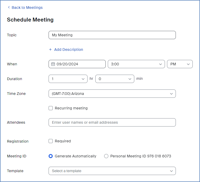 The "Schedule Meeting" screen lets you add details for your Zoom meeting.