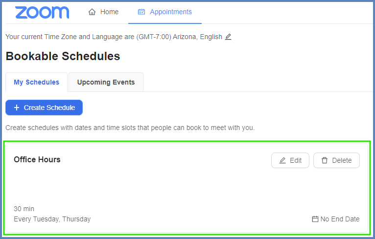 The "My Schedules" tab displays any Bookable Schedules that you have created for your course.