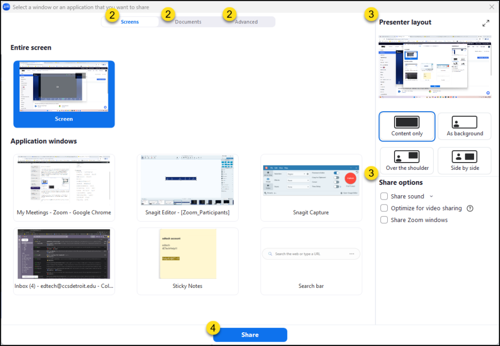 A screenshot of the Zoom "Select a window or an application that you want to share" dialog box. The "Screens" tab is selected at the top, indicated by a purple arrow, alongside "Documents" and "Advanced" tabs also marked with arrows. The main area displays a large, selected thumbnail for "Entire screen," and below it, a grid of smaller thumbnails for "Application windows" including Google Chrome, Snagit, and Sticky Notes. On the right sidebar, an arrow points to the "Presenter layout" section where the "Content only" option is highlighted, with other layout options below it. Another arrow points to the "Share options" checkboxes for "Share sound," "Optimize for video sharing," and "Share Zoom windows." At the bottom, a final purple arrow points to the blue "Share" button.