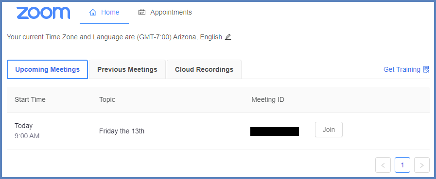 This image displays the Student View of the Zoom interface within a Canvas course.  Tabs include: Upcoming Meetings, Previous Meetings, and Cloud Recordings.