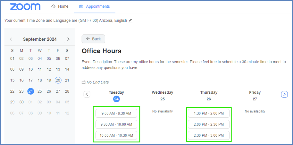 Students will see available blocks of time that they can click on to schedule a Zoom meeting with the instructor.