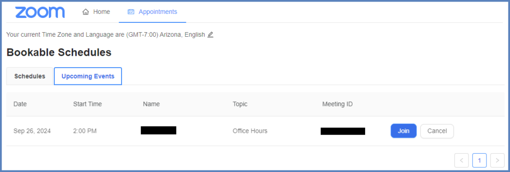 When a student goes to his/her Appointments screen and clicks on the Upcoming Events tab, he/she will see the scheduled meeting that was selected...including the name of the instructor and Zoom Meeting ID.