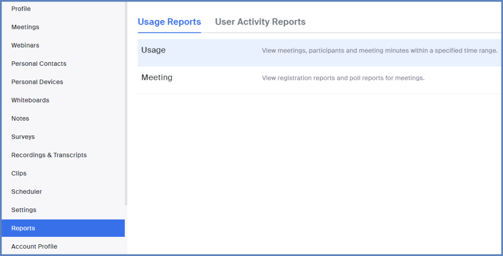 Once logged in to your Zoom dashboard, select "Reports" on the left side of the screen, and then select "Usage".