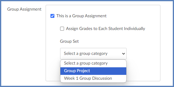 When editing assignment details, click on the "This is a Group Assignment" checkbox. Then, select an item from the "Group Set" drop-down list.