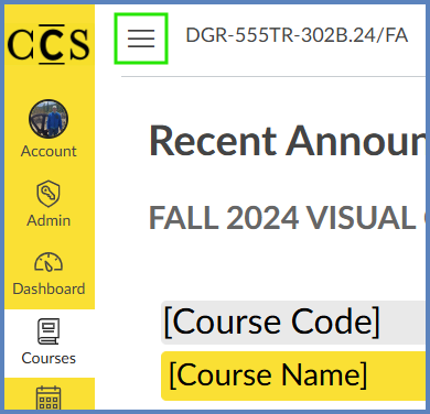 The three-lined "Menu" icon appears at the top left-hand corner of all courses to let the user toggle the course navigation links on or off.