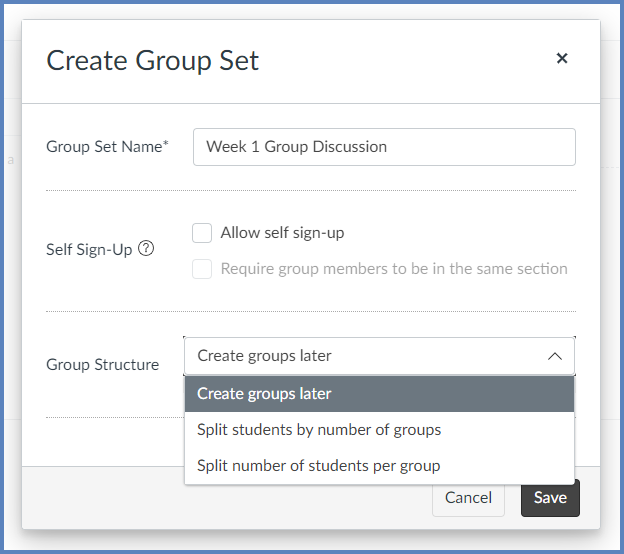 The "Create Group Set" window includes option for "Group Set Name", "Self Sign-Up", "Group Structure", and even to set a leader of a group.