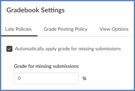 On the "Late Policies" tab, select the "Automatically apply grade for missing submissions" checkbox.  Enter a number value in the "Grade for missing submissions" textbox.  For example, you might enter a zero in this text box.