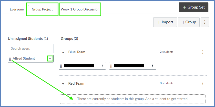 On the "People" page of a Canvas course, Group Sets are displayed as tabs at the top of the screen. To manually add students to a group, either drag names to each group, or click on the "+" sign to select the name of the group to add a student to.