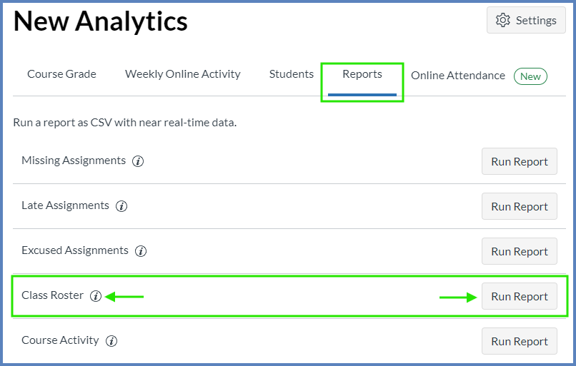 In "New Analytics", click on the "Reports" tab, and then click on the "Run Report" button for the "Class Roster". This will run a report so you can download a *.csv file to your computer.