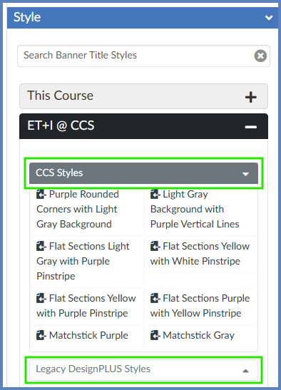 The "Style" panel allows you to select from a variety of styles to change the look of your content.  The ET+I team at CCS has included some pre-designed styles for you to select from.