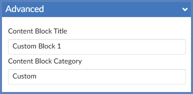 The "Advanced" panel of content blocks allows instructors to provide a "Content Block Title" and "Content Block Category".