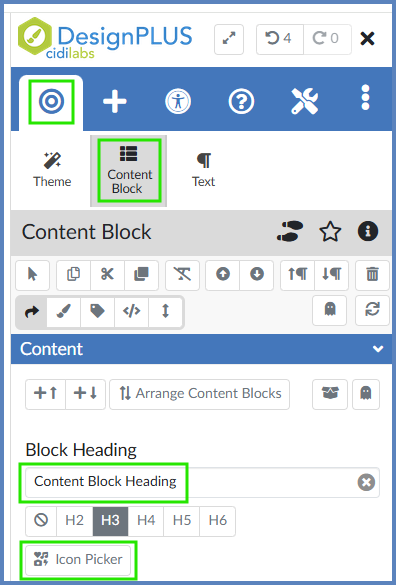 Edit the Block Heading text box to change the name of the heading for your content block. Use the Icon Picker button to select an icon that, in some way, matches the description used in your heading.