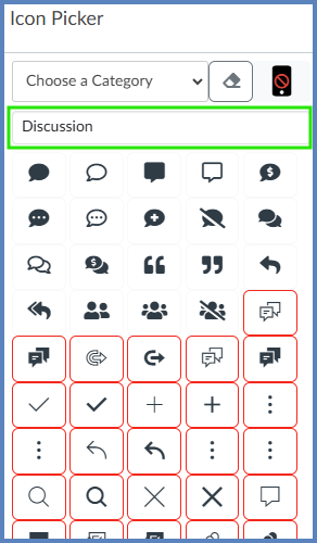 The "Icon Picker" screen allows instructors to select an icon for the content block.