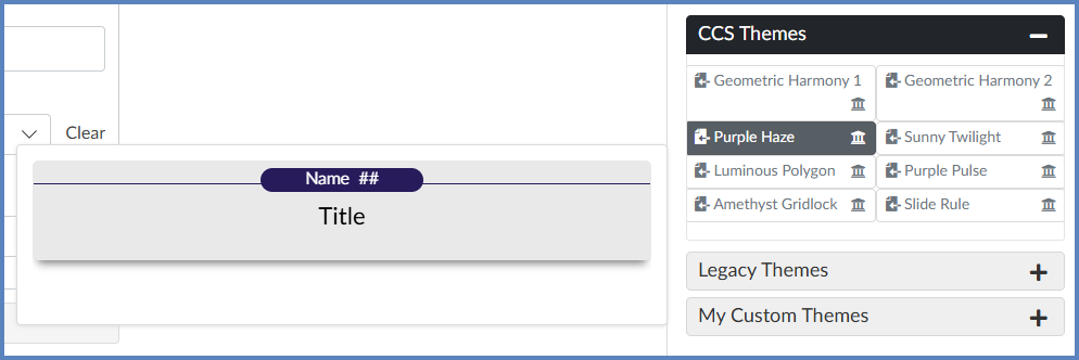 In this example, the "CCS Themes" panel is open within the DesignPLUS sidebar, and the "Purple Haze" theme is being previewed.