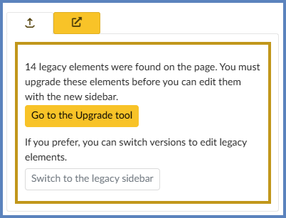 When editing a content page using DesignPLUS, the sidebar includes an area showing elements that need to be upgraded from the Design Tools sidebar to the DesignPLUS sidebar.