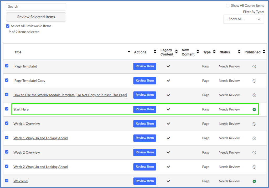 Click the "Review Item" button within any row to review the elements that need to be upgraded on that course content page.