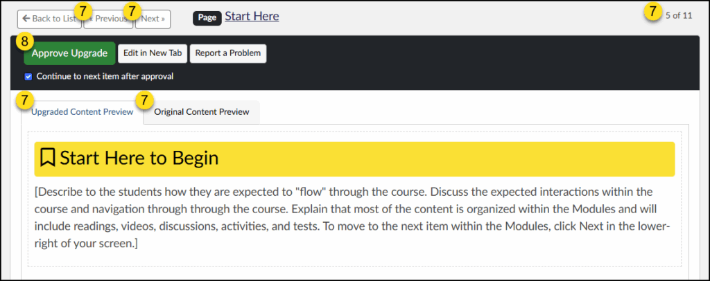 A screenshot of the DesignPLUS "Course Upgrade" tool, showing the interface for reviewing and approving individual content items. The screen features navigation controls like "Previous" and "Next," and action buttons such as "Approve Upgrade." A large preview area displays the "Upgraded Content Preview" for the selected item.