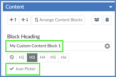 In the "Content" panel, instructors can edit the "Block Heading" text field as well as select an icon for the content block via the "Icon Picker" button.