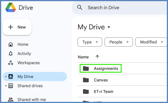 Instructors can view student submissions via Google Drive. 
 Within the Assignments folder, you will find a folder for each Canvas course.  Further, when you open up a course folder, folders for each Google assignment in the course will be added as students submit assignments to you.  Files from your students will be housed in these folders.