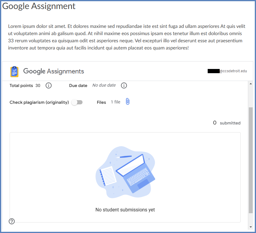 This is an example of what a Google Assignment looks like inside of Canvas without any student submissions.