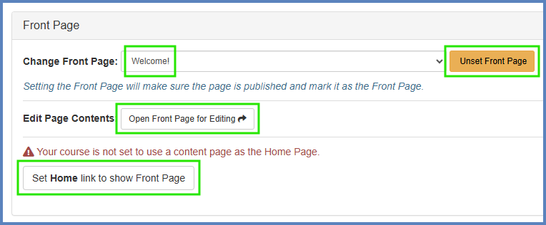 The "Front Page" section of the MultiTool Template Builder allows you to set a Front Page (or Unset Front Page), open the Front Page for editing, and Set the "Home" link to show the Front Page.