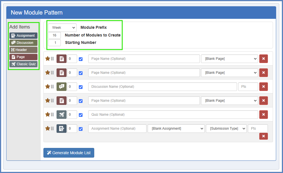 The "New Module Pattern" section of the Module Builder lets you customize the pattern of how your modules will be displayed in your course.