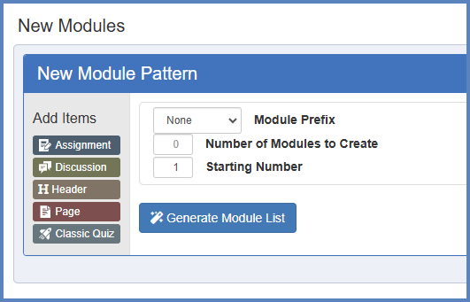 This section of the Module Builder allows you to build out the pattern of what your weekly modules will look like in Canvas.