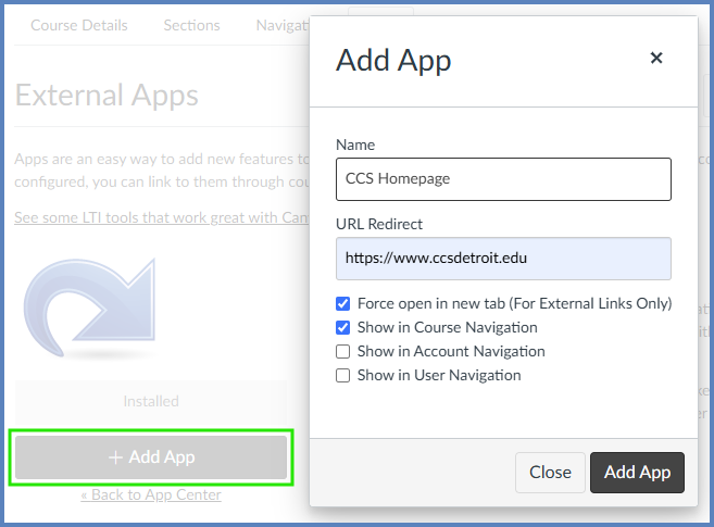 Click on the "+ Add App" button.  Fill in the Name, URL Redirect, and select any of the checkboxes provided.