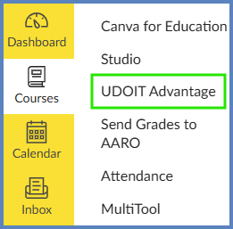 This image shows the location of the "UDOIT Advantage" course navigation menu item in a Canvas course.