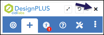 A screenshot of the DesignPLUS sidebar header. A large purple arrow points to the 'x' (Close Sidebar) icon, which is located in the top-right corner. To the left of the 'x' are a maximize icon and an undo icon.