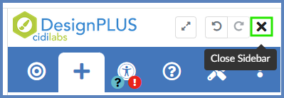 The "Close Sidebar" X icon appears at the top right corner of the DesignPLUS sidebar.