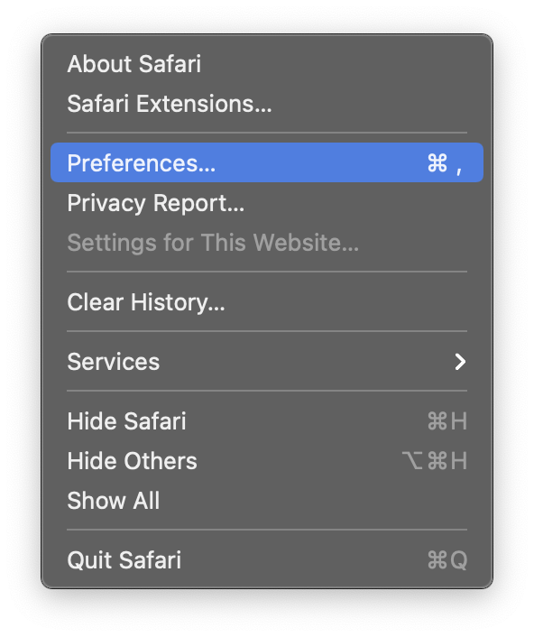 Click the Safari menu in the upper left corner of the screen, and select Preferences....