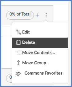 To delete an Assignment Group, on the "Assignments" index page, click on the Options (three-dot kebab) icon, and then select "Delete".