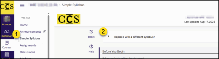 A screenshot of the Canvas Learning Management System, showing the Simple Syllabus tool interface. On the left, a course navigation menu is visible, with the "Simple Syllabus" link highlighted by a yellow '1'. In the main content area, which displays the Simple Syllabus tool, a link labeled "Replace with a different syllabus?" is highlighted by a yellow '2'.