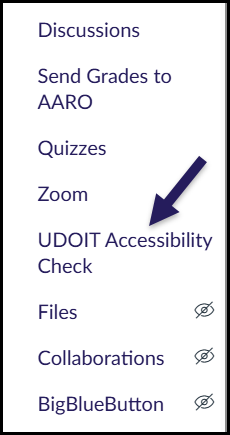 The Canvas course navigation with the UDOIT Accessibility Check link indicated with an arrow