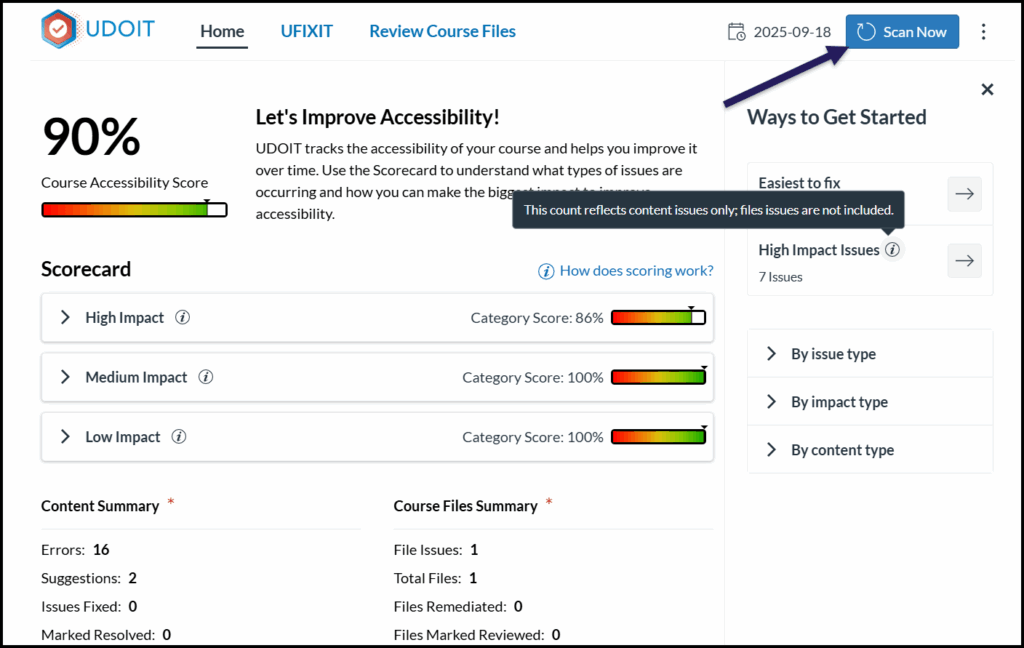 A screenshot of the UDOIT Home Page displays a large "90%" Course Accessibility Score on the left, accompanied by a green, yellow, and red progress bar. A dark purple arrow points to the blue "Scan Now" button in the top right corner. Below the score, a "Scorecard" section lists accessibility issues by severity: High Impact (86%), Medium Impact (100%), and Low Impact (100%). On the right side, a "Ways to Get Started" panel suggests fixing "Easiest to fix" items or addressing "High Impact Issues" first. At the bottom, summaries for "Content Summary" and "Course Files Summary" display specific counts for errors, suggestions, and file issues.