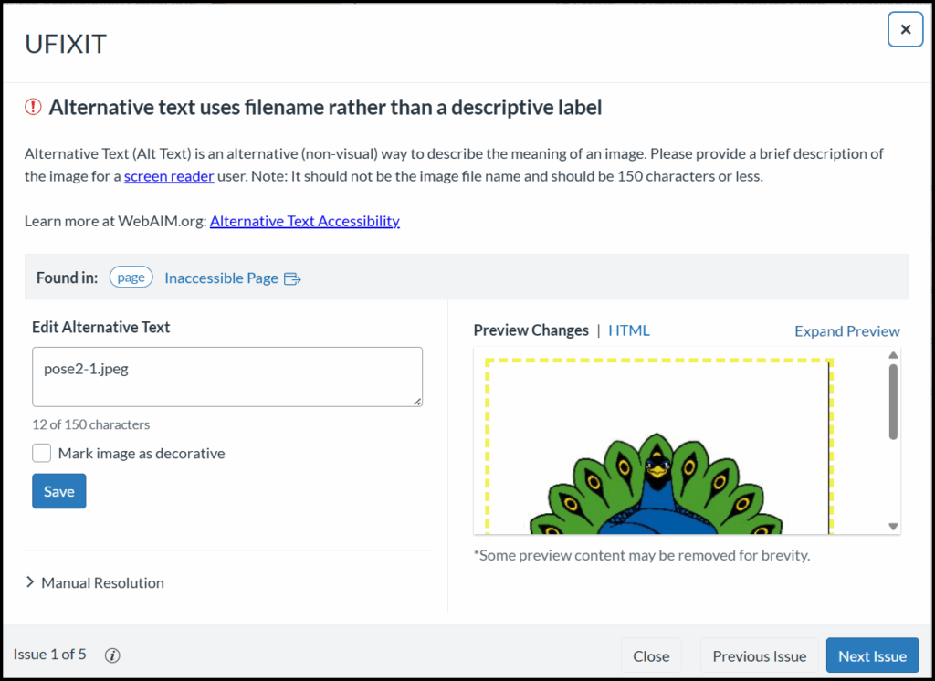 A screenshot of the UDOIT interface displays the "UFIXIT" tool addressing an accessibility error titled "Alternative text uses filename rather than a descriptive label." The interface provides a text field under "Edit Alternative Text" that currently contains the filename "pose2-1.jpeg," which needs to be replaced with a description. To the right, a "Preview Changes" window shows the image in question: a cartoon peacock with green tail feathers fully spread. Below the text field are a "Mark image as decorative" checkbox and a blue "Save" button.
